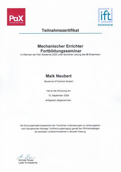 Zertifikat Maik Neubert zum mechanischen Errichter 2026