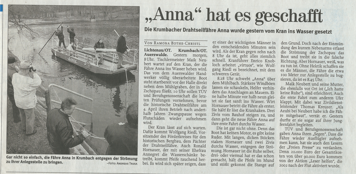 Zeitungsartikel über Fähre "Anna"